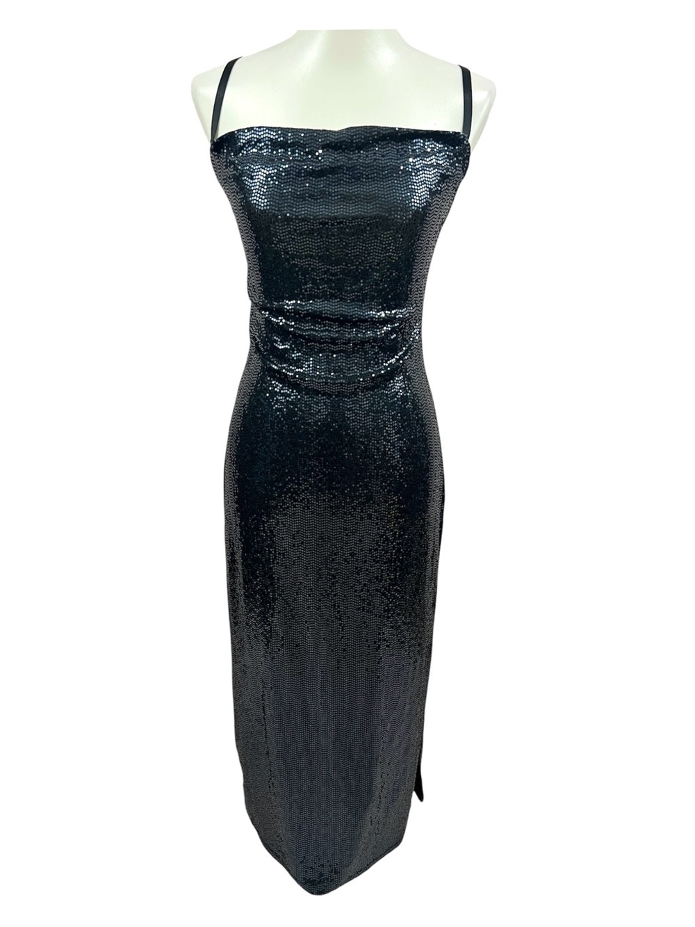 Bebe Vintage Y2K Liquid Mirror Sequin Draped Neck Sleeveless Maxi Cocktail Dress